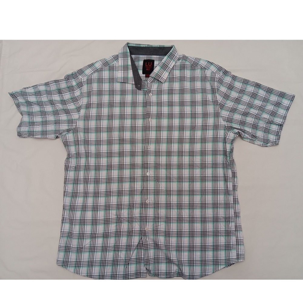 LU Linea Uomo Stretch Plaid Short Sleeve Button Down Shirt Mens 4XLT White Green